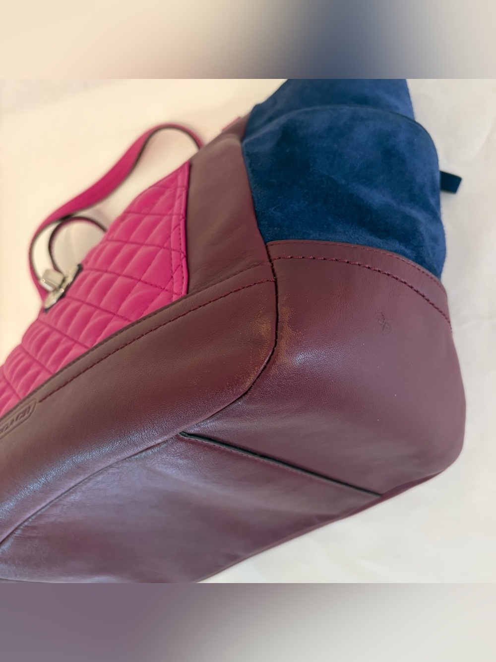 Coach #F24693 Colorblock Leather Tote Bag in Fuchsia, Burgundy & Navy - Picture 14 of 16